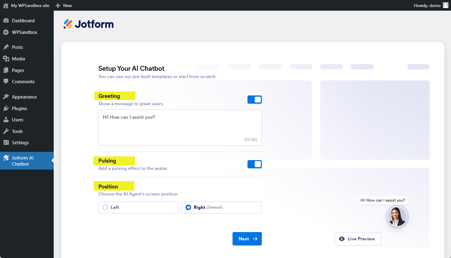 AI chatbot plugin settings