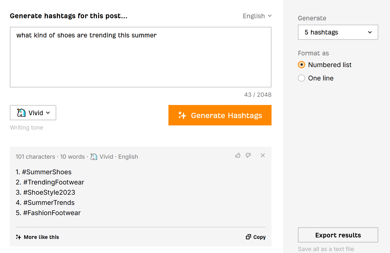 example of AI-generated TikTok hashtags 