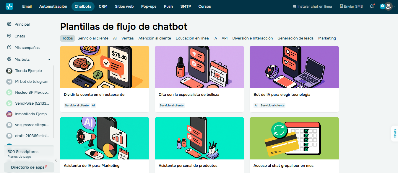 SendPulse pone a tu disposición diversas plantillas para mensajes predeterminados