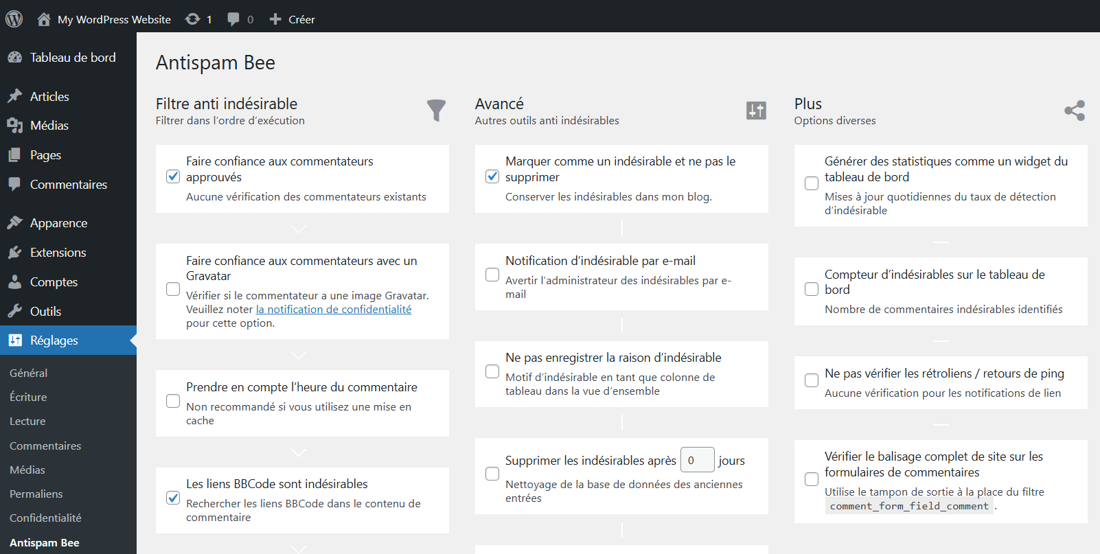 Configuration du plugin Antispam Bee