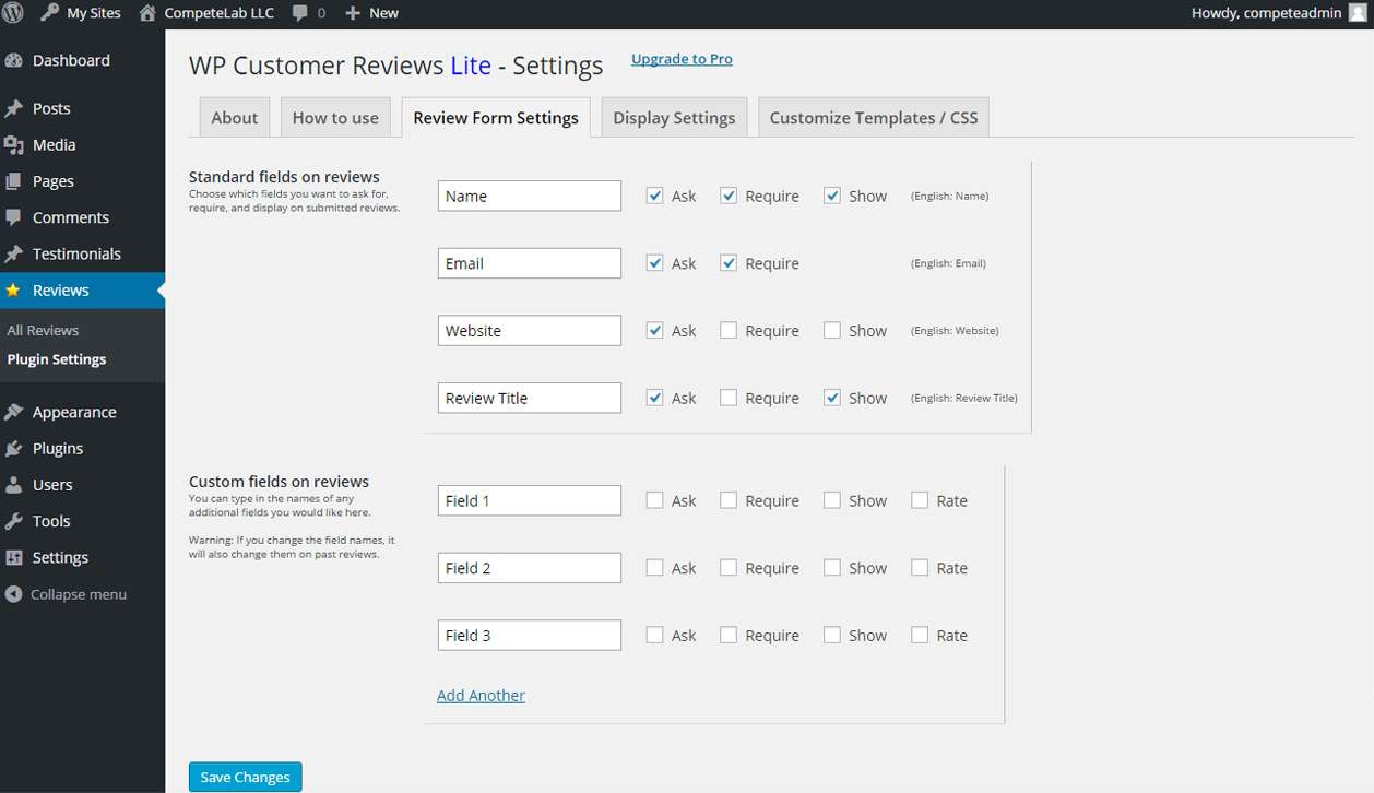 Configuration du plugin d'avis WP Customer Reviews Lite