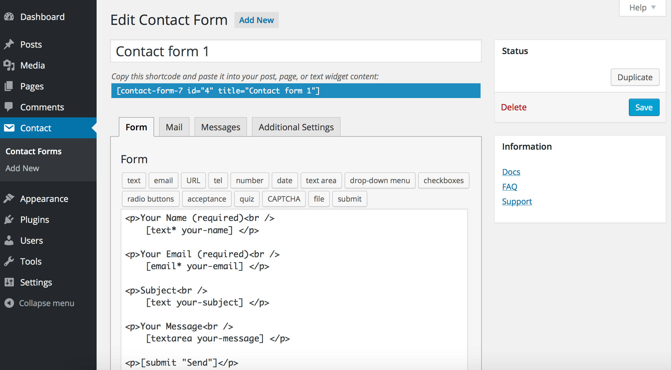 Configuration du formulaire de plugin de contacts