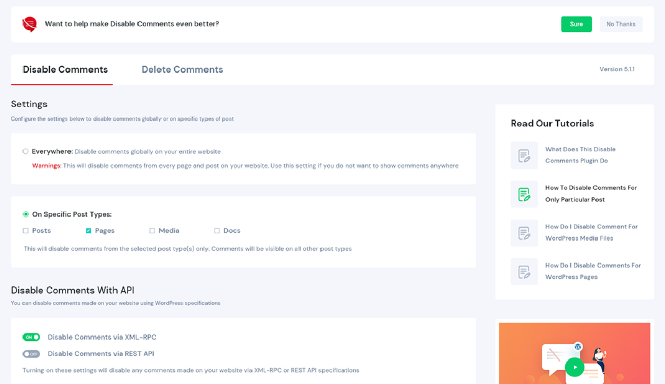 Configuration du plugin de désactivation des commentaires