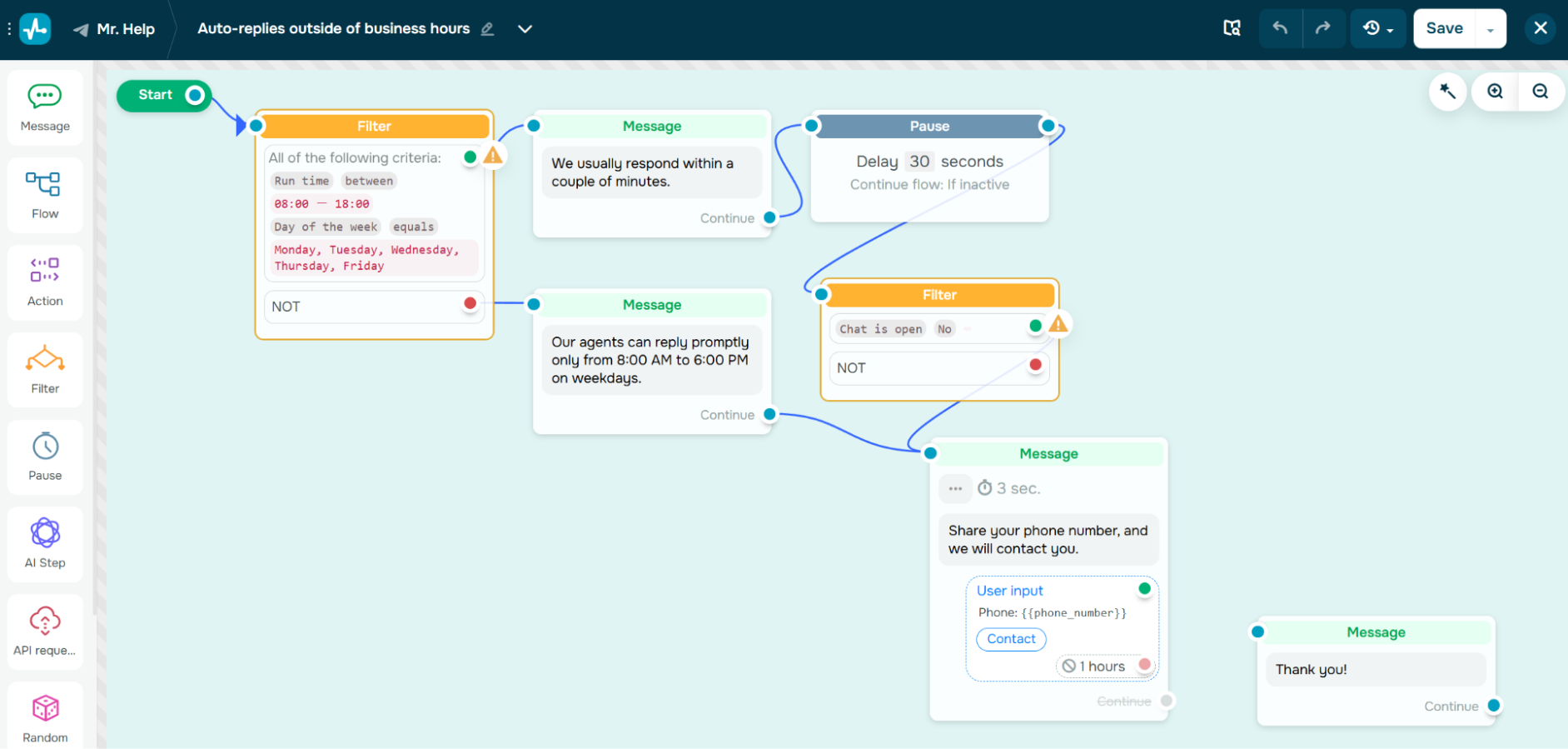 chatbot auto-replies outside business hours