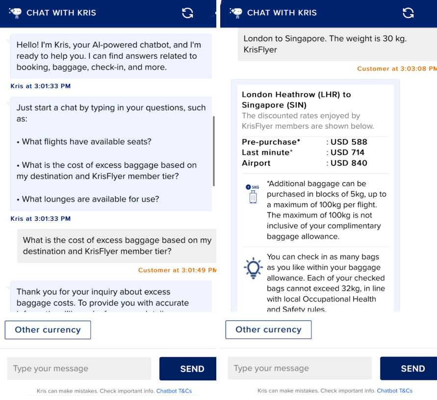 assistant on the Singapore Airlines website