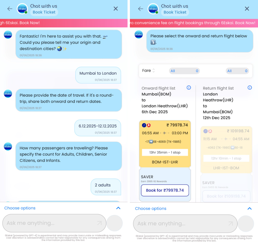 Booking a flight within a chatbot