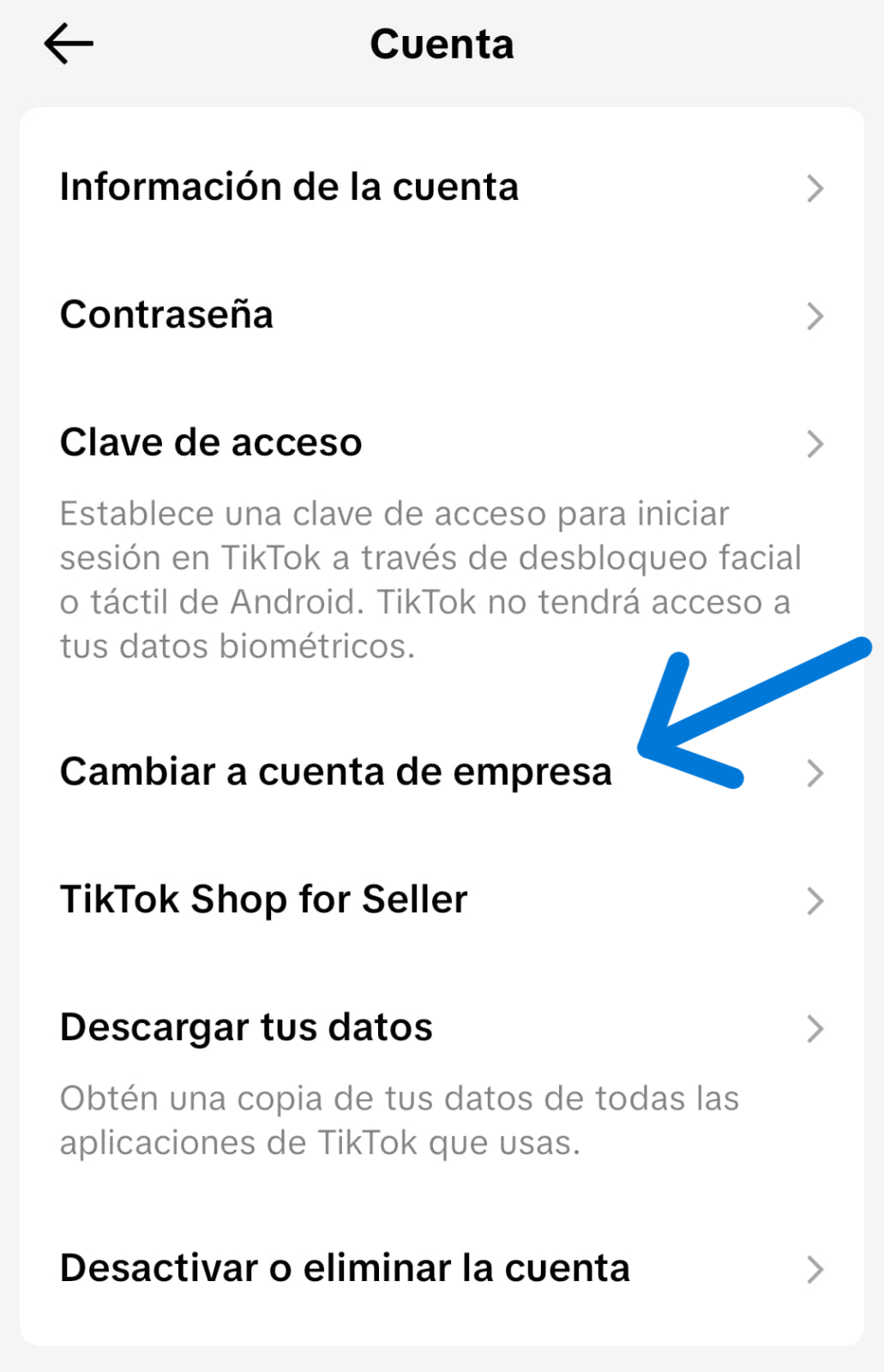 Sección "Cambiar a cuenta de empresa" en apartado "Cuneta" dentro de TikTok 