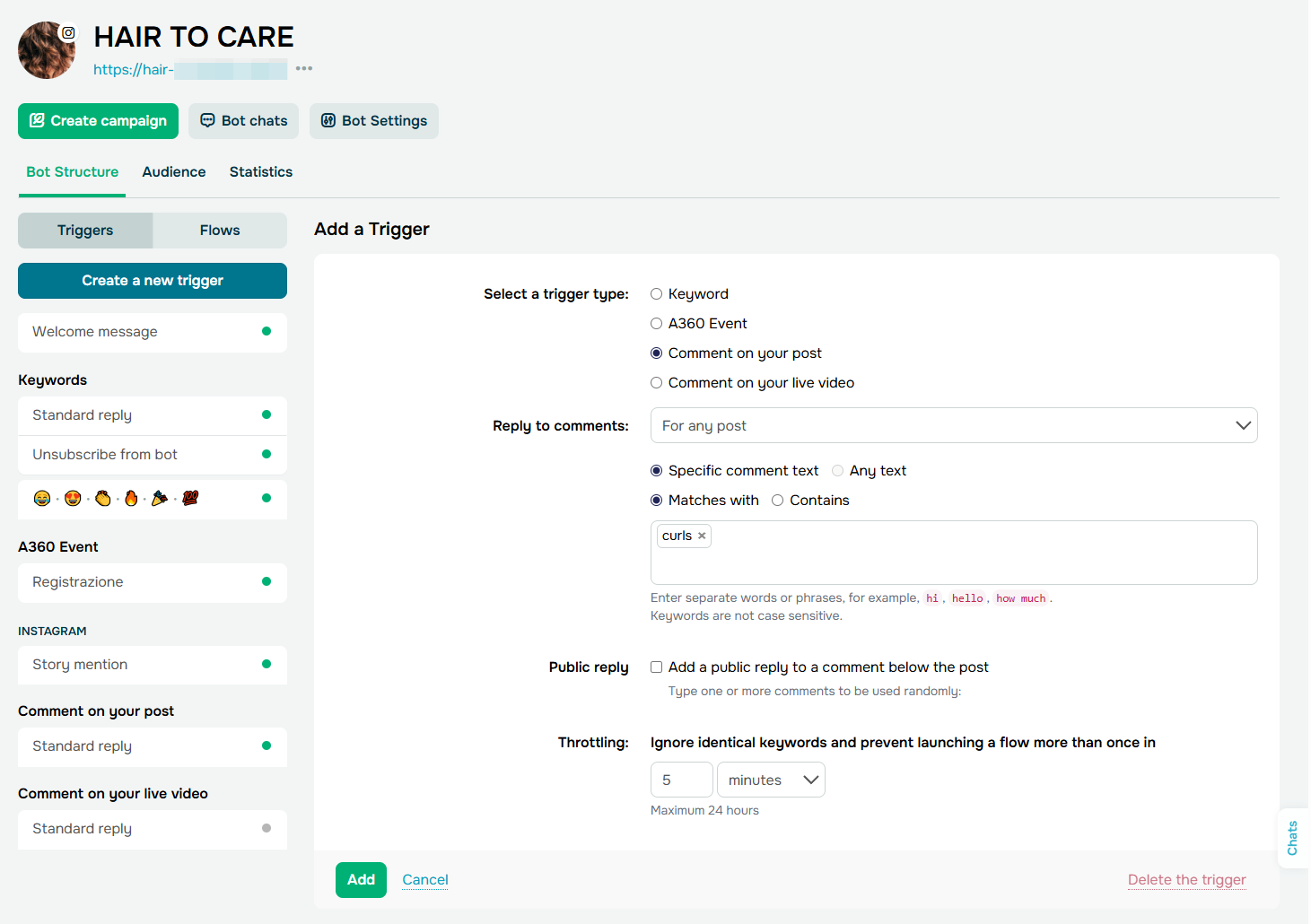 Instagram chatbot trigger settings