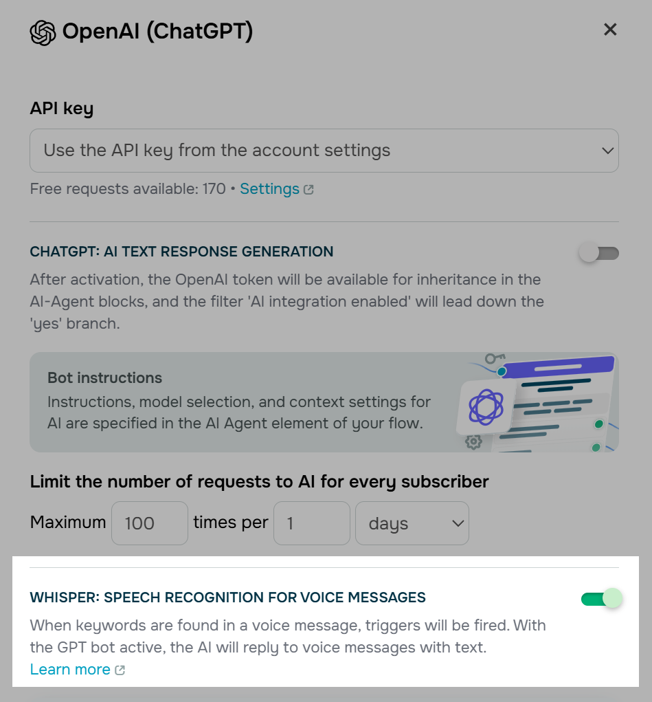 chatbot voice-to-text conversion settings