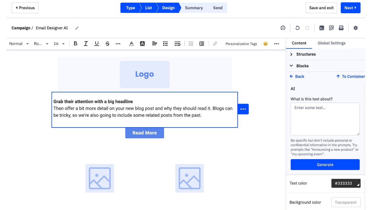 AI block in email designer