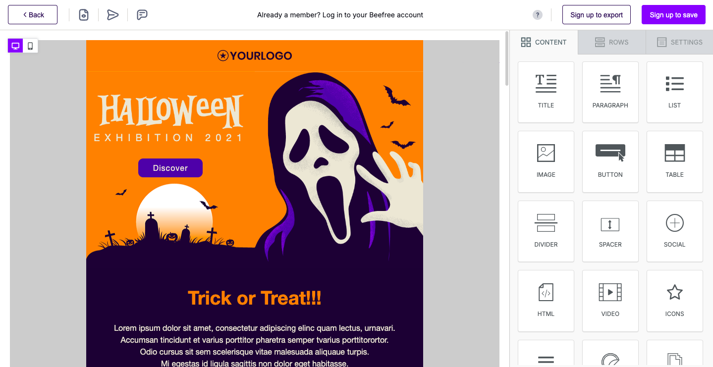 Интерфейс конструктора Beefree