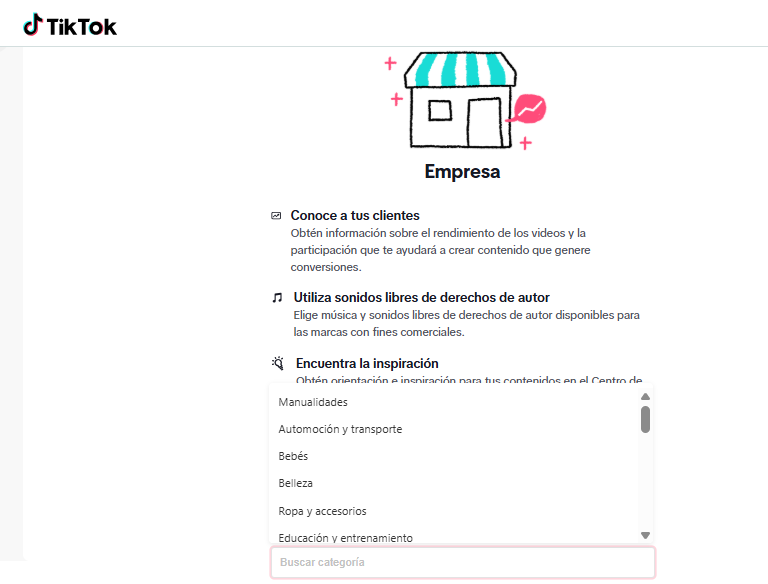 TikTok ofrece categorías para que las marcas definan el nicho de su empresa