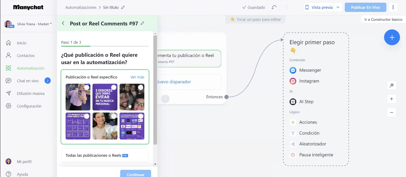 Interfaz de ManyChat muestra la creación de flujo de conversación