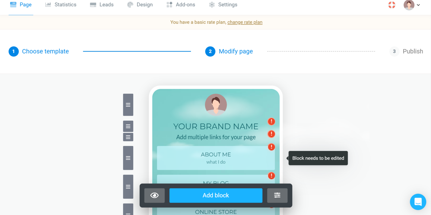 Створення сторінки з мультипосиланням за шаблоном у ContactInBio