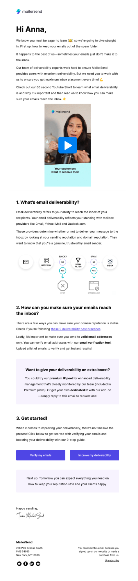 Электронное письмо, созданное в редакторе MailerSend