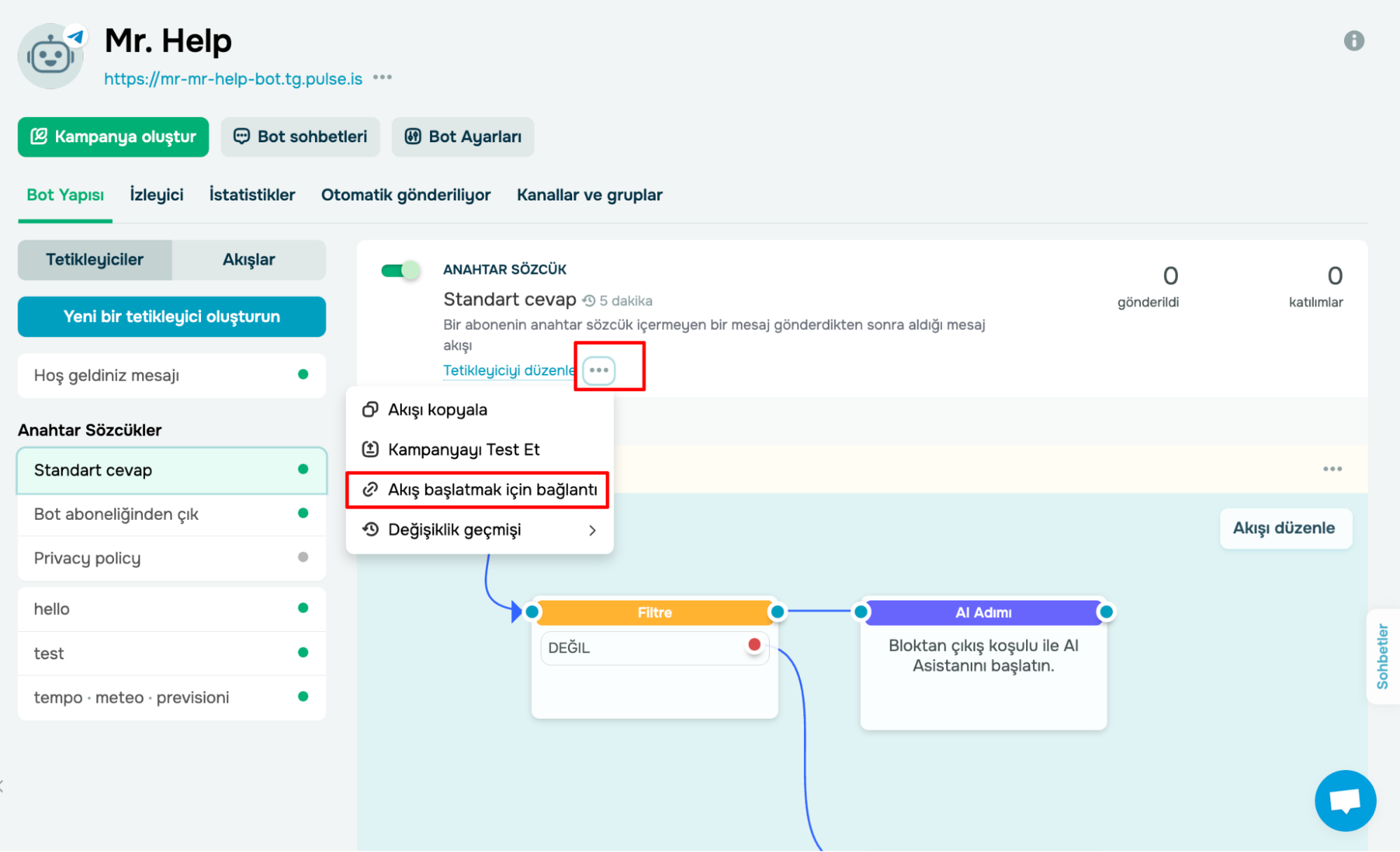 Bir chatbot akışını başlatmak için bağlantı oluşturma
