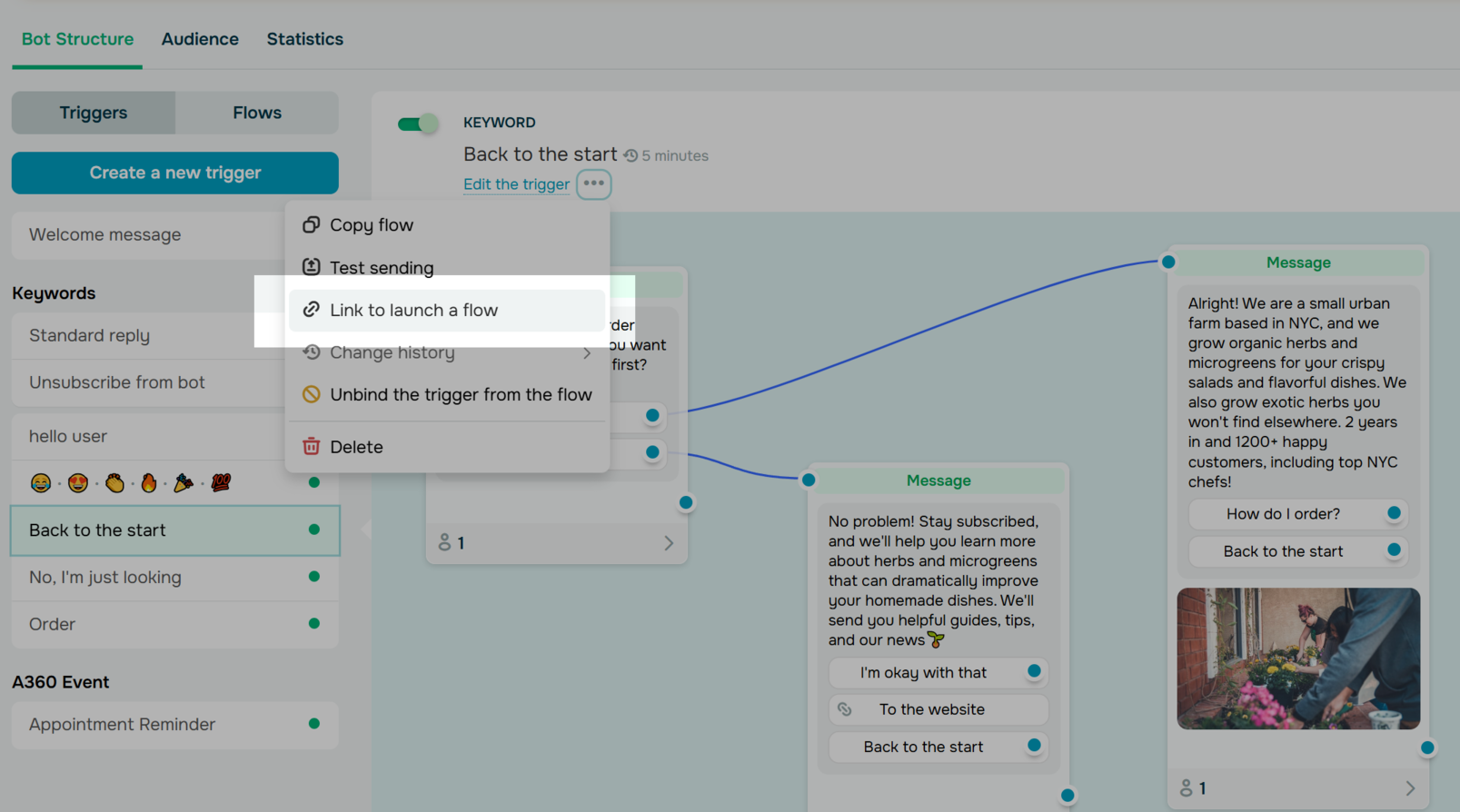  Création d'un lien pour lancer un flux de chatbot
