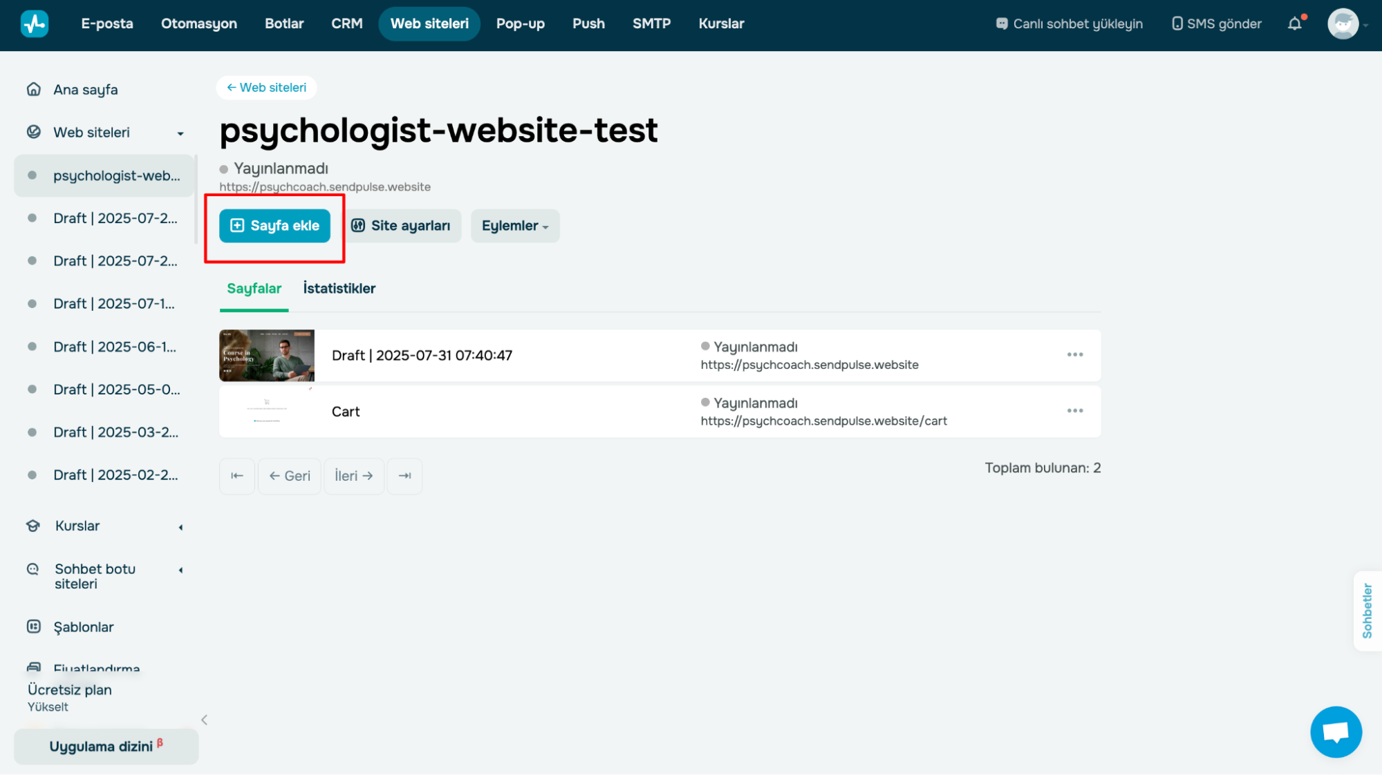SendPulse web sitenize birden fazla sayfa ekleyin