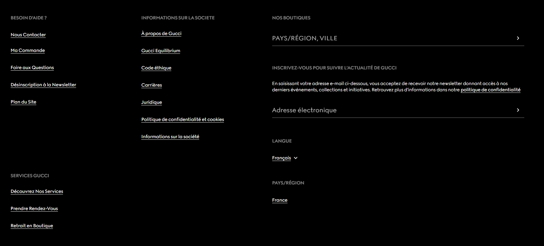 Exemple de pied de page de site Web de Gucci