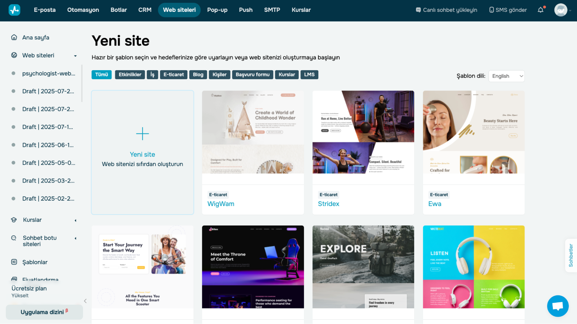 SendPulse, kişisel web siteniz için şablonlar sunar