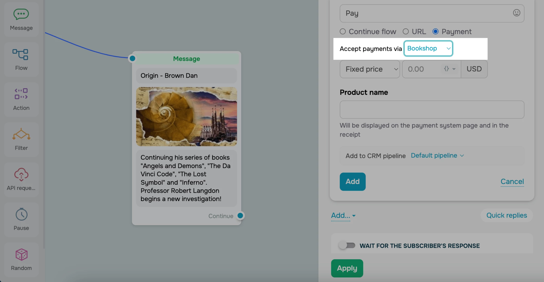 Ajout d'un bouton de paiement dans le générateur SendPulse