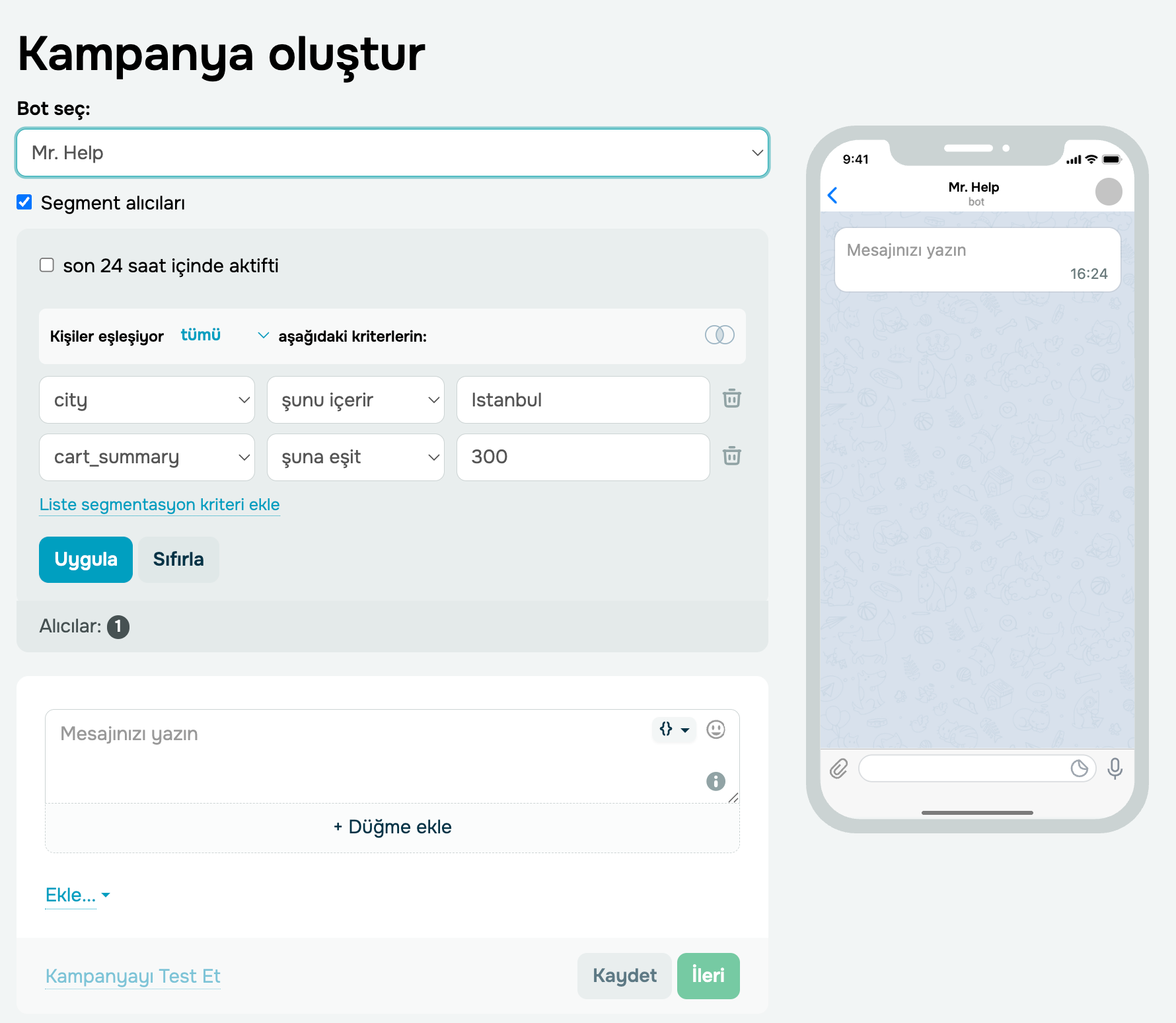 WhatsApp kampanyası için alıcıları segmentleme