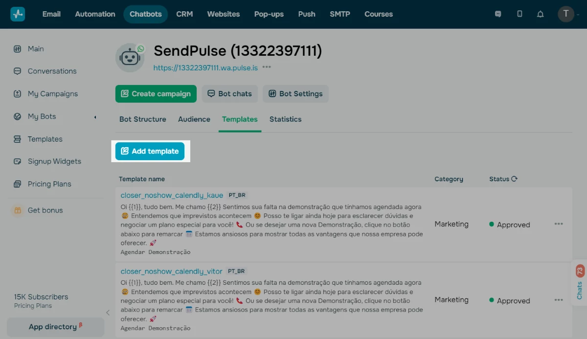 Ajout d'un modèle WhatsApp dans SendPulse