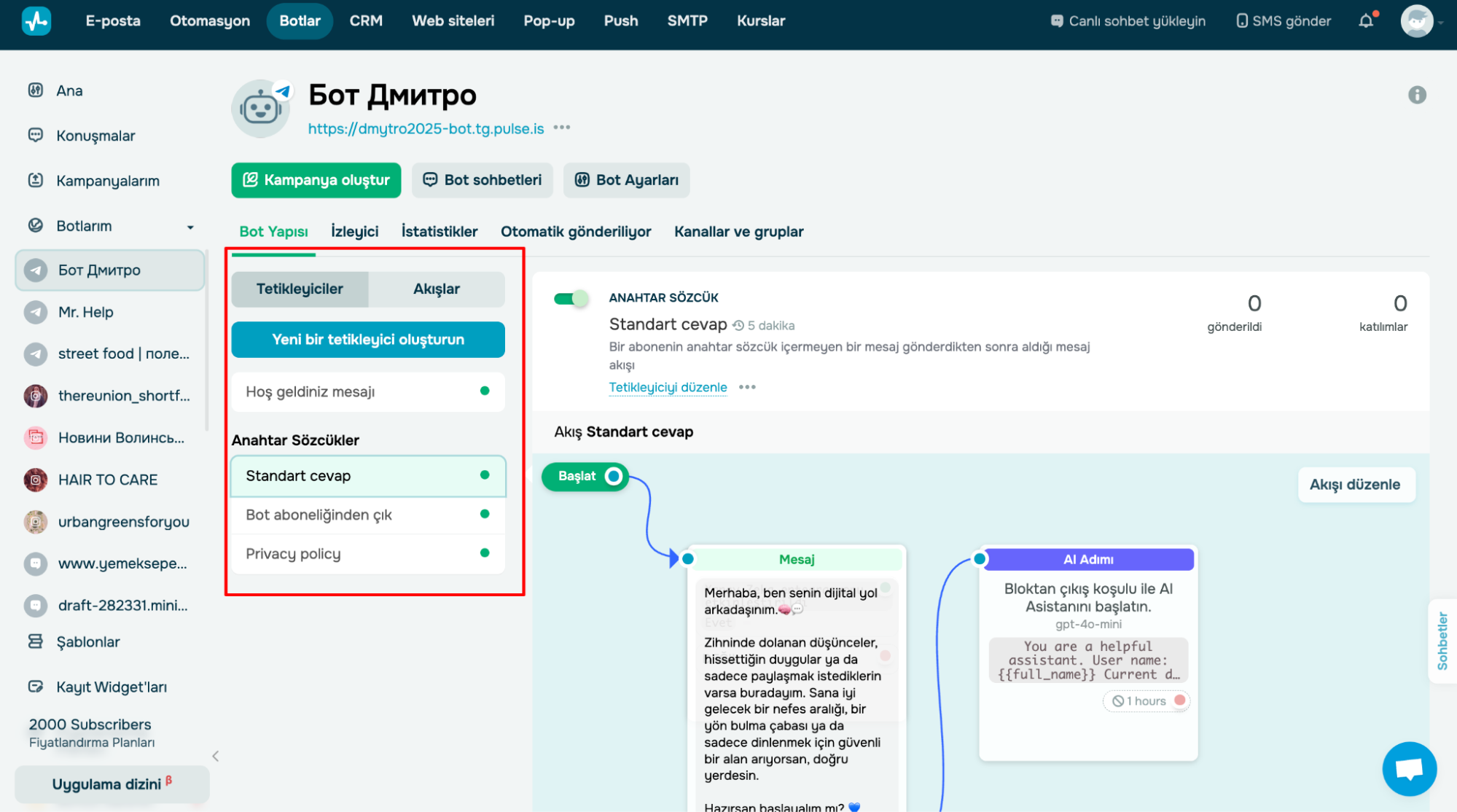 Yeni bir chatbot tetikleyicisi oluşturma
