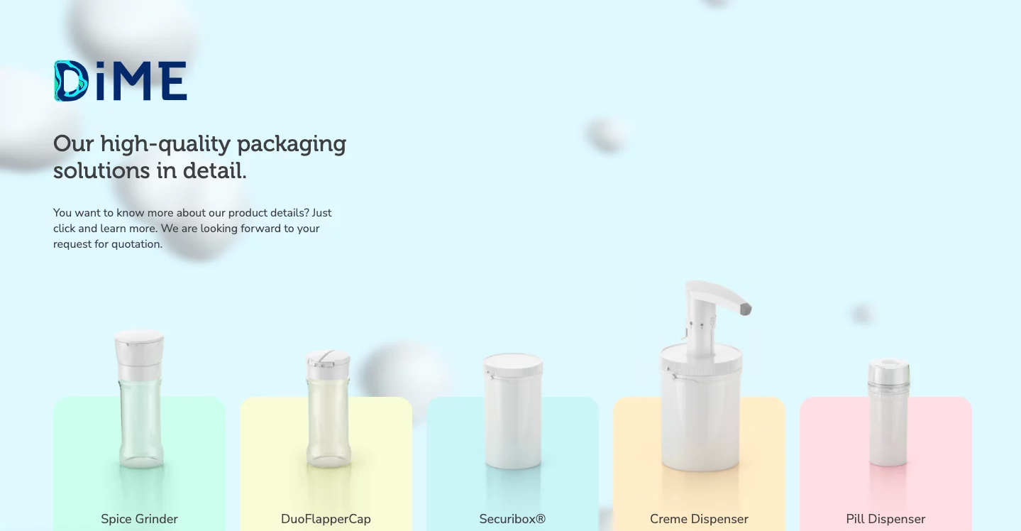 Captura de pantalla del diseño de página web de DiME