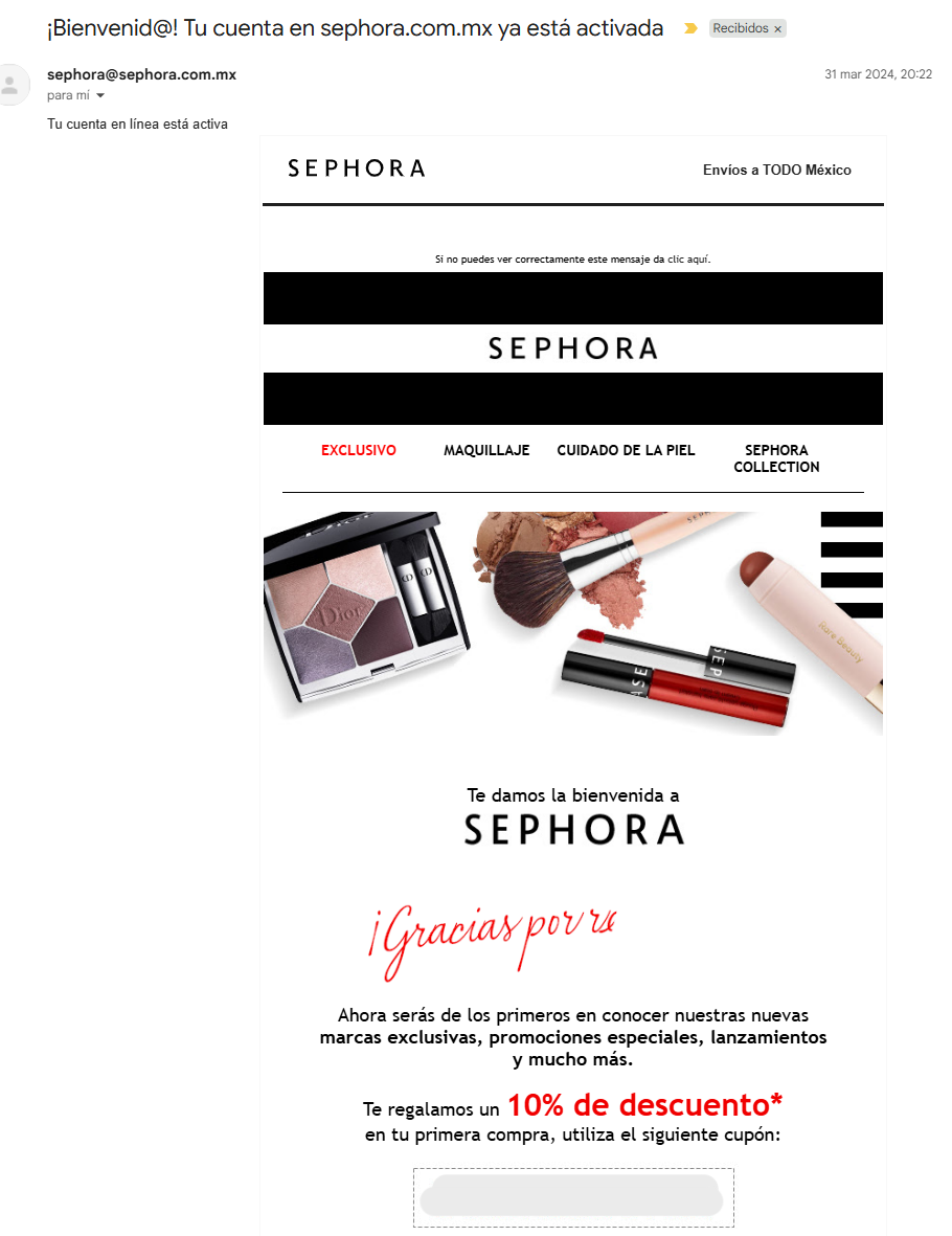Email de bienvenida de Sephora ofrece a los nuevos usuarios el 10% de descuento 