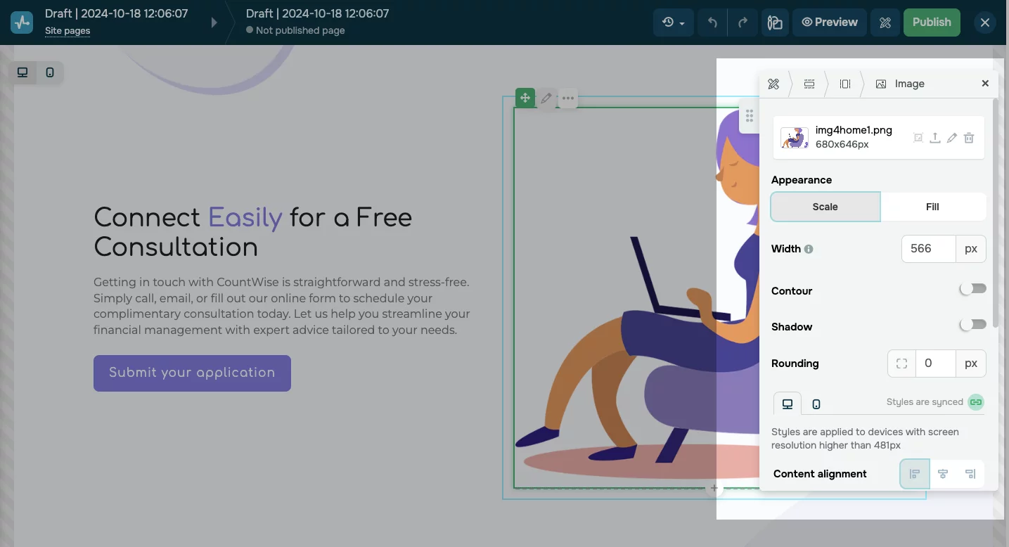 Captura de pantalla que muestra cómo ajustar una imagen en el editor de SendPulse