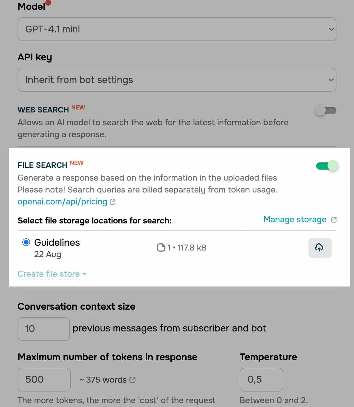 Configuration d'un modèle d'IA dans le générateur de chatbot de SendPulse