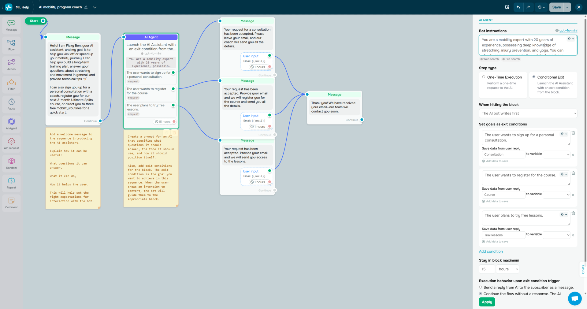 Personnalisation d'un modèle de flux de chatbot IA dans SendPulse