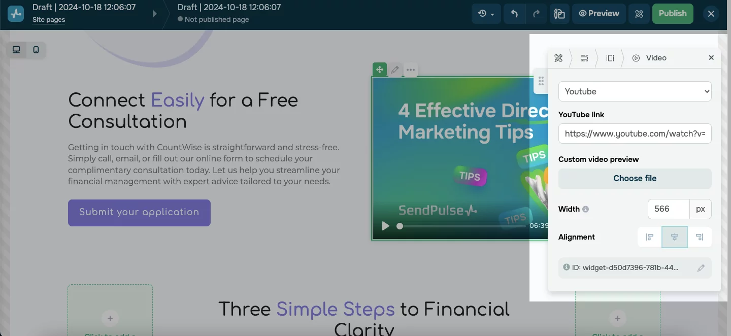 Ejemplo de cómo insertar un video de Youtube en el editor de sitios de SendPulse
