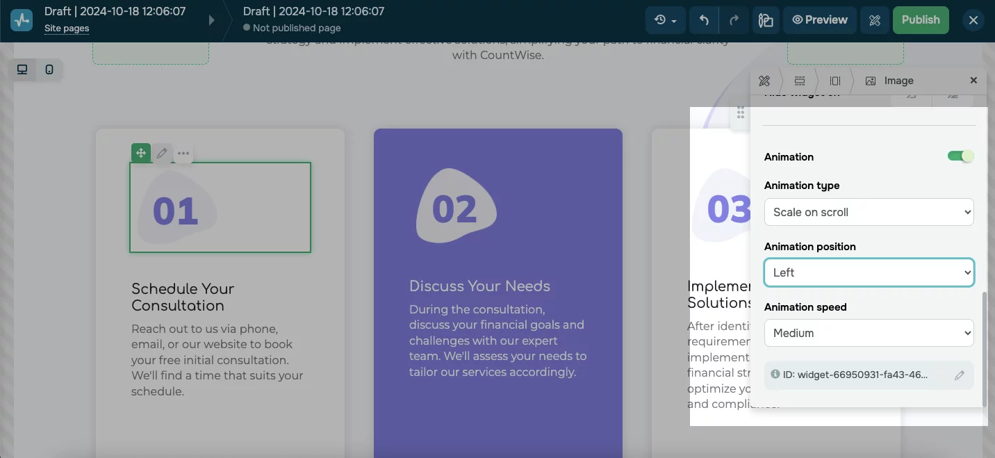 El editor de SendPulse mostrando cómo añadir animaciones a una imagen de un sitio web
