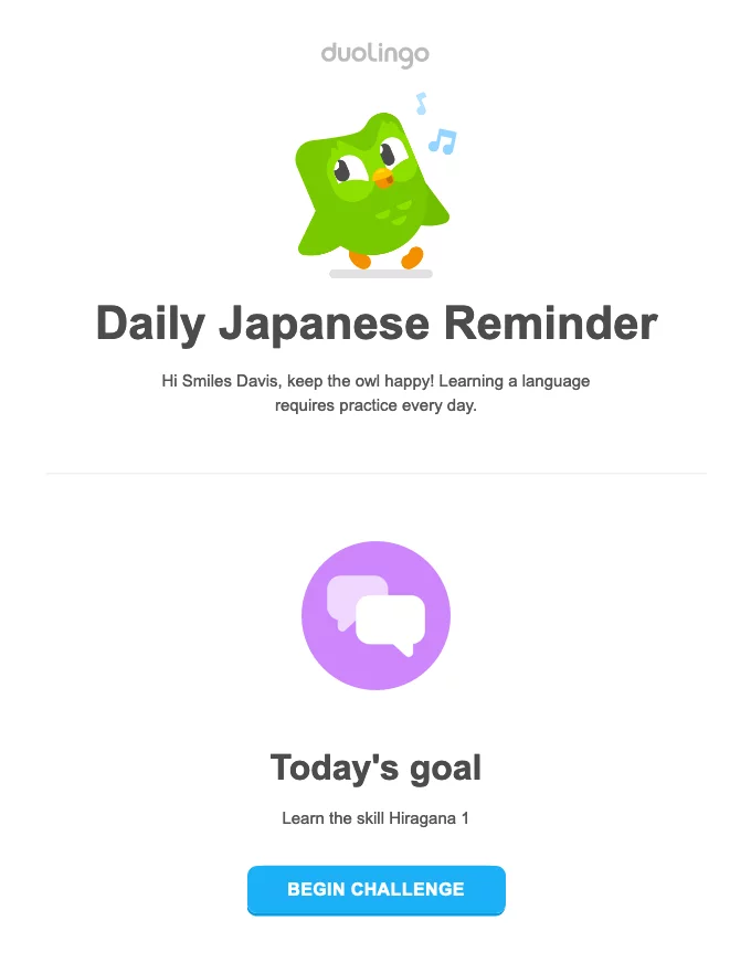 Email marketing para curso en línea de Duolingo para recordar a los estudiantes sus cursos