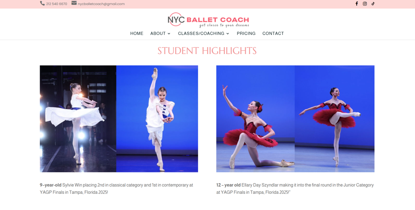 portfolio website of dance coach