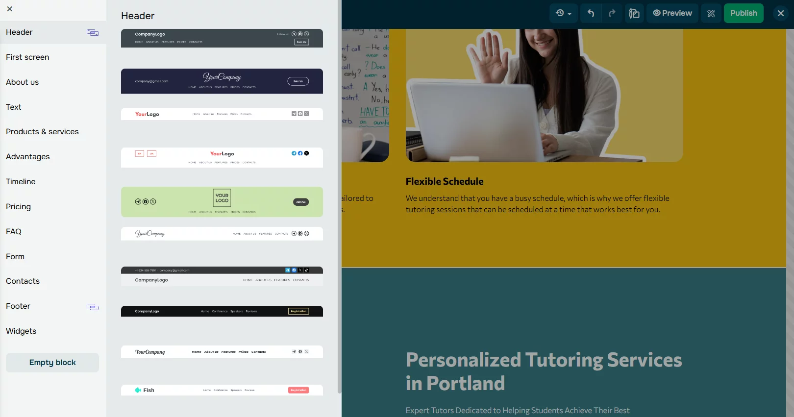 Ejemplo de cómo puedes seleccionar bloques prediseñados para el diseño de página web en SendPulse
