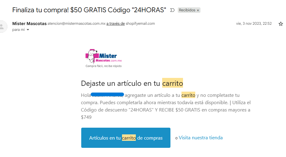 Email marketing ejemplo de Mister Mascotas para recuperar clientes con oferta atractiva para recuperar un carrito abandonado 