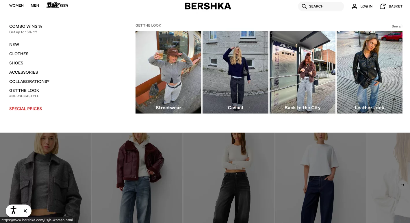 Captura de pantalla de la interfaz de la página web de Bershka
