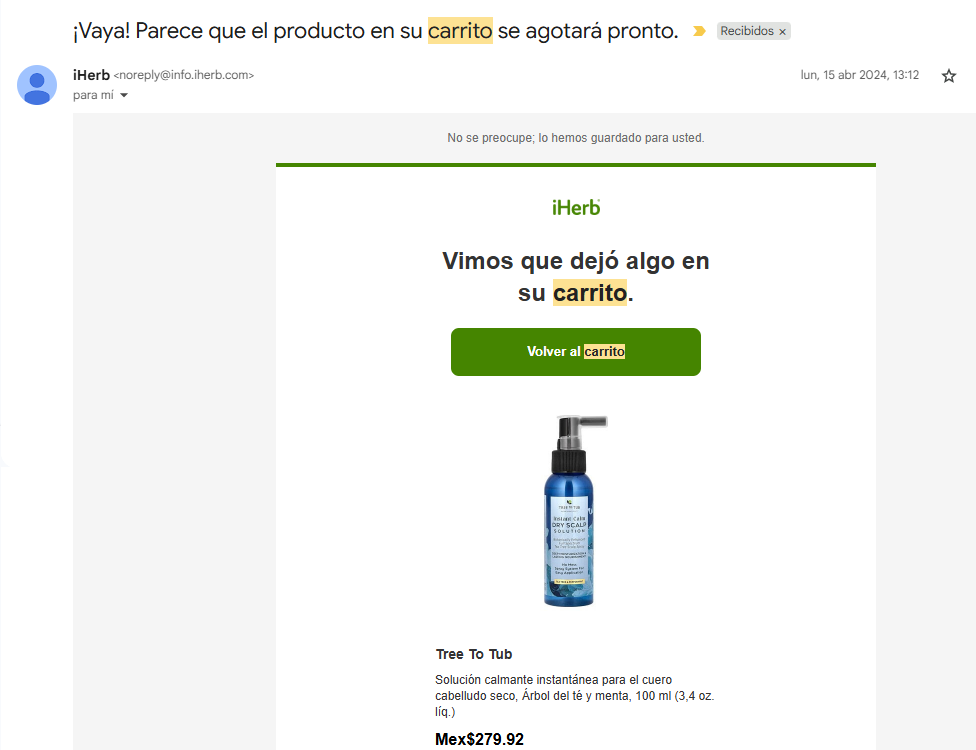 iHerb recupera la atención de los usuarios recordándoles sus carritos abandonados