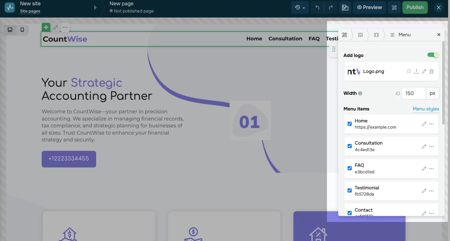 Captura de pantalla de la personalización del menú de un sitio web en SendPulse