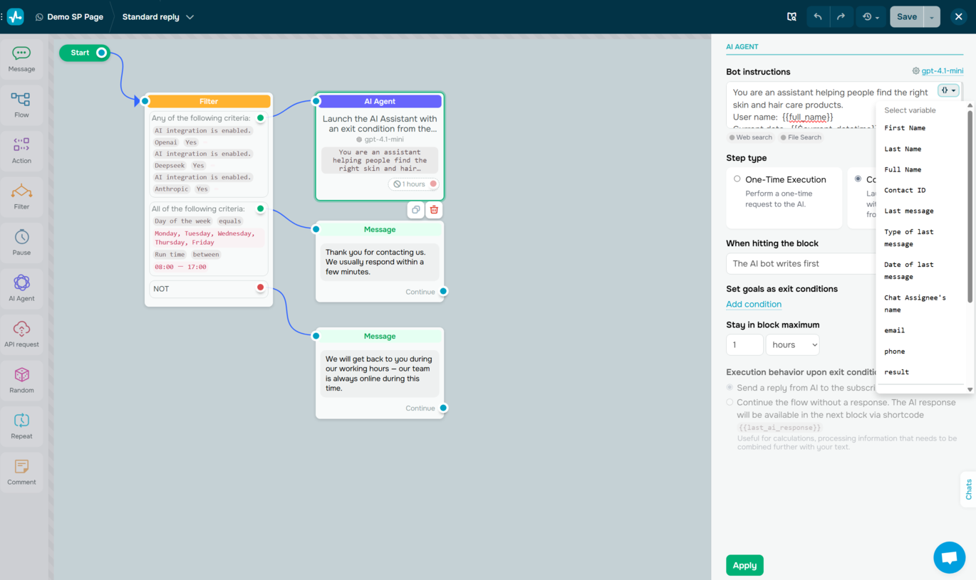 Ajout de variables aux réponses d'un robot IA dans SendPulse