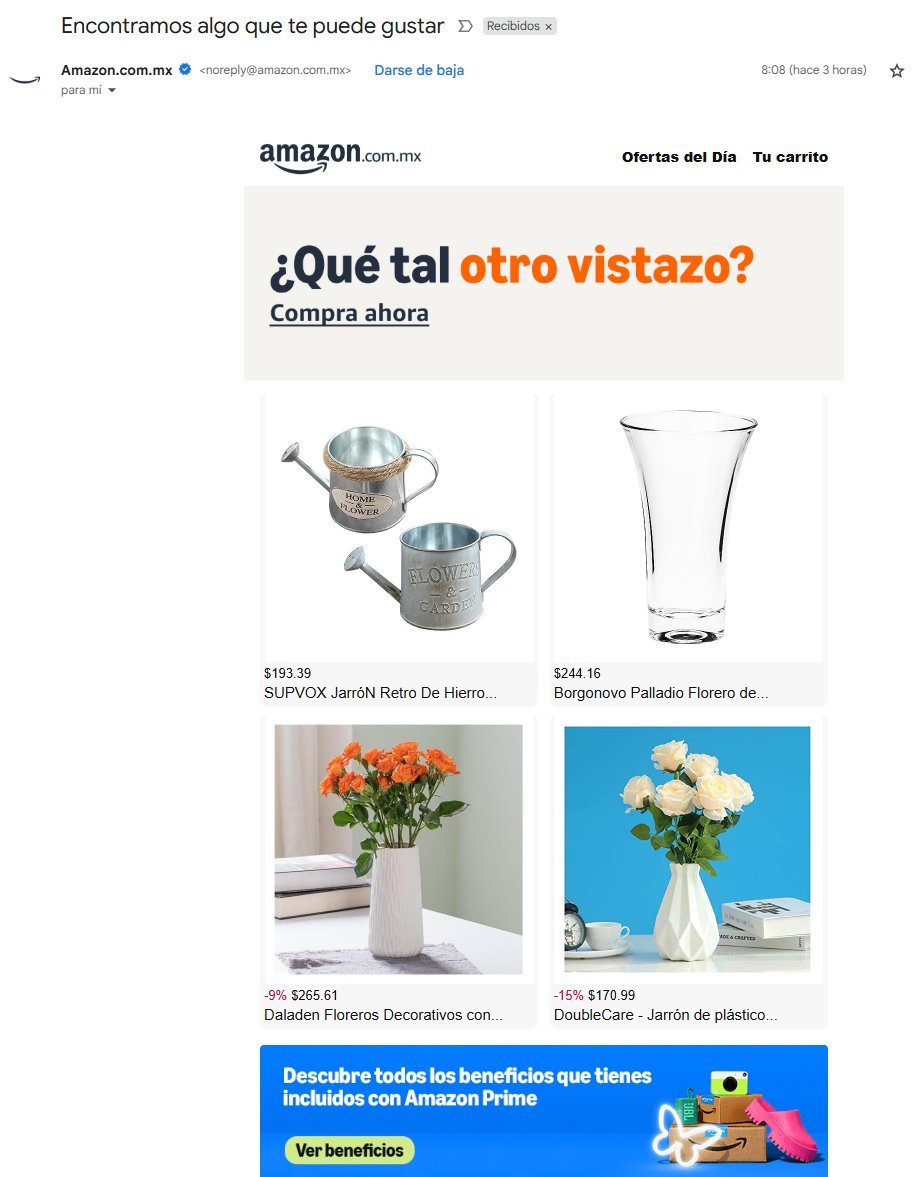 Amazon utiliza la estrategia de Up-sell para recuperar clientes con emails