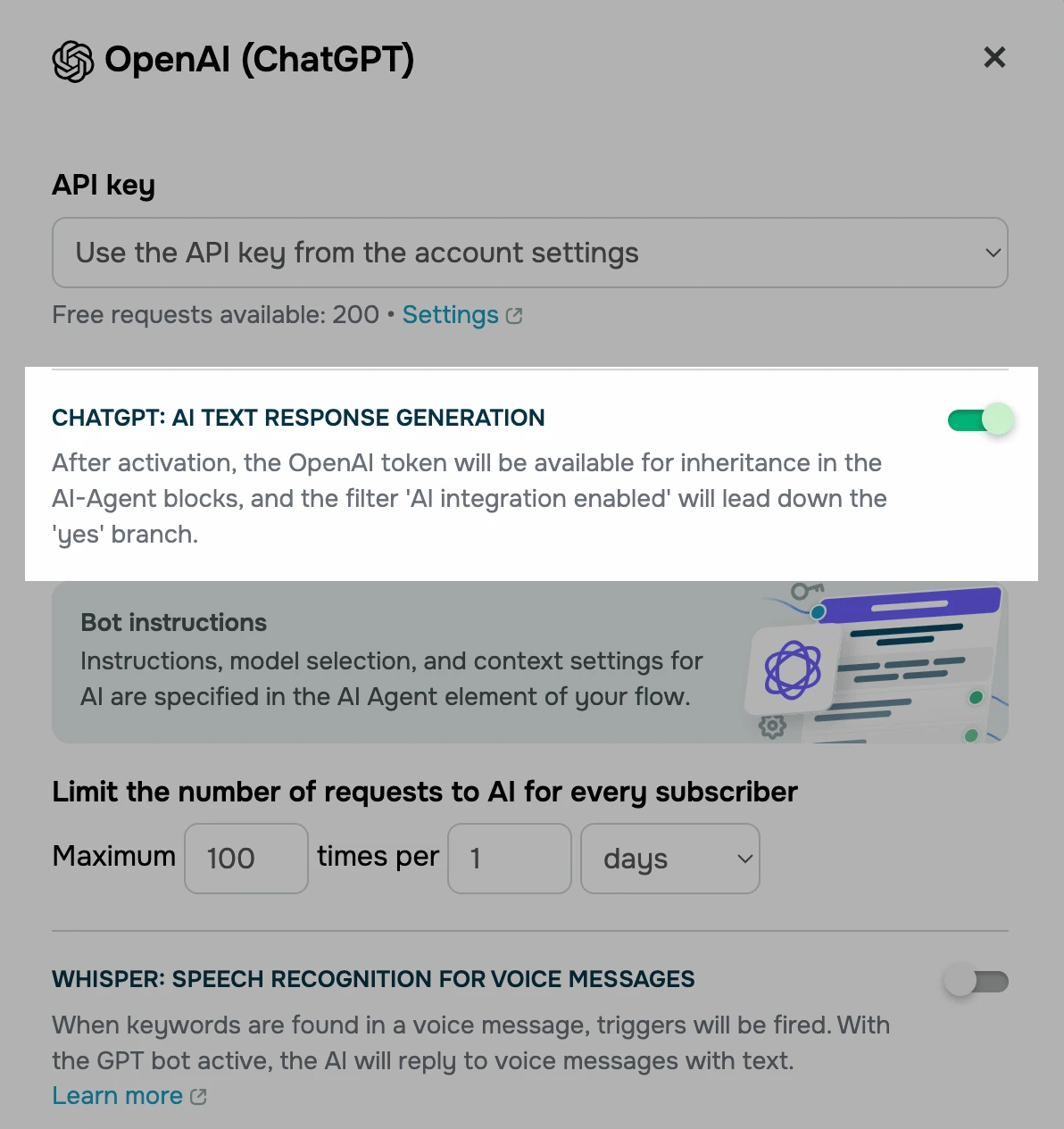 Connection de ChatGPT à un chatbot WhatsApp dans SendPulse