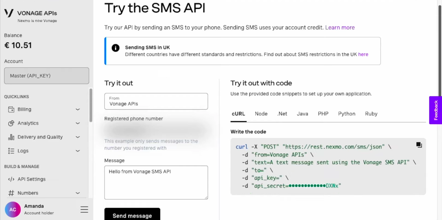 messaggio di testo tramite la SMS API