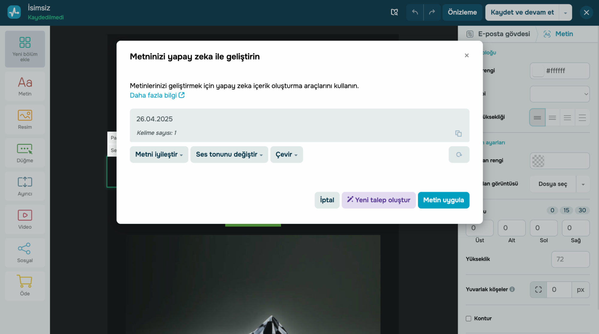 e-posta hizmetinde yerleşik yapay zeka yazı asistanı