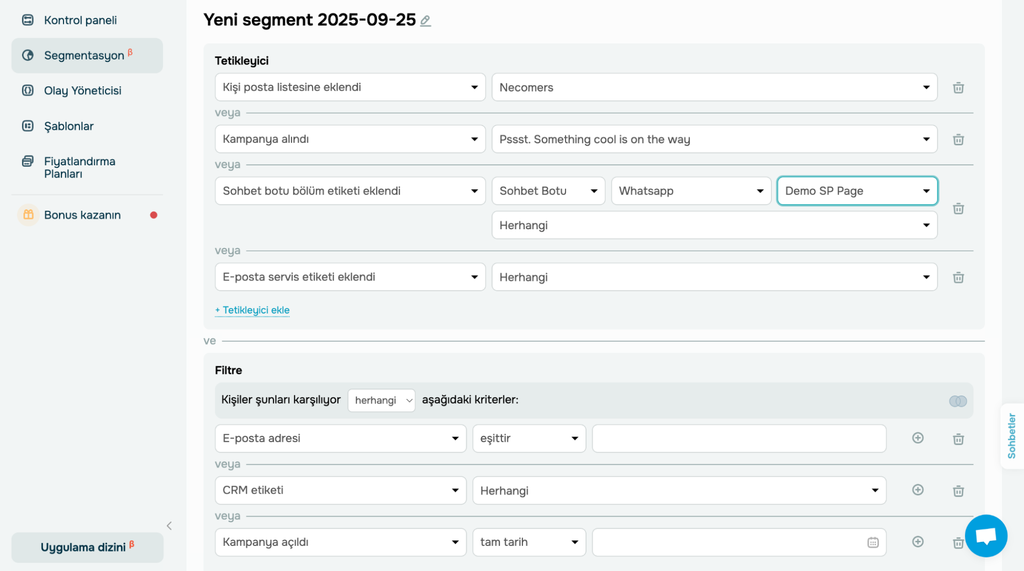 dinamik segmentler oluşturma