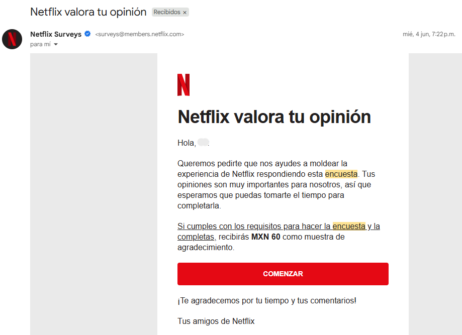 Netfliz envía campañas de reactivación con encuestas