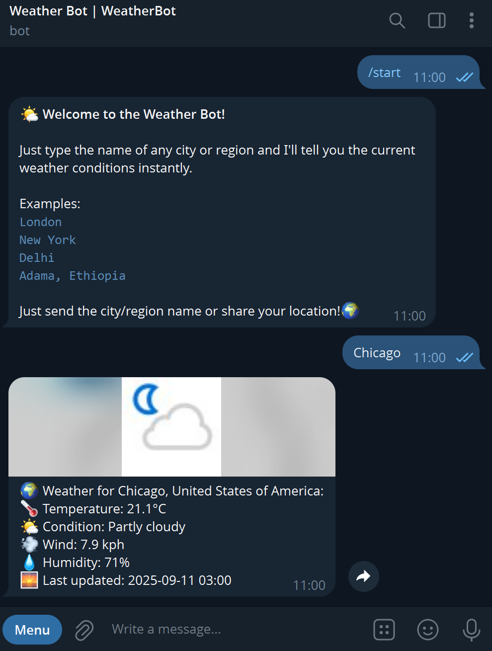 WeatherBot telegram bot example